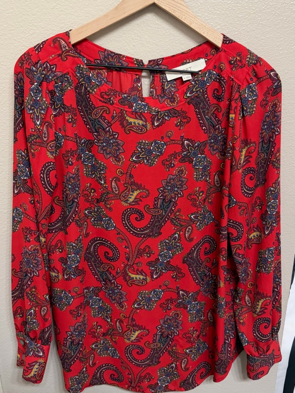 LOFT Red Paisley Long Sleeve Blouse